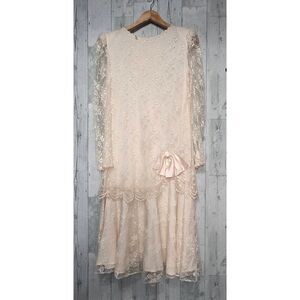 VTG 80s Pretty in Pink Blush Lace Drop Waist Dress Sz. 12